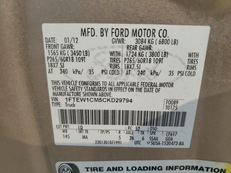 50674336 :رقم المزاد ، 1FTEW1CM5CKD29794 vin ، 2012 Ford F150 مزاد بيع