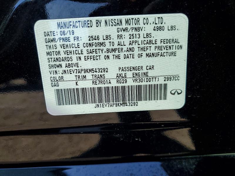 48636216 :رقم المزاد ، JN1EV7AP9KM543292 vin ، 2019 Infiniti Q50 مزاد بيع