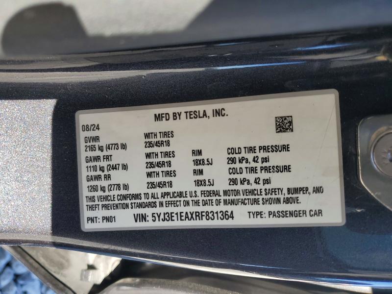 Aukcja sprzedaży 2024 Tesla Model 3, vin: 5YJ3E1EAXRF831364, numer aukcji: 50311456
