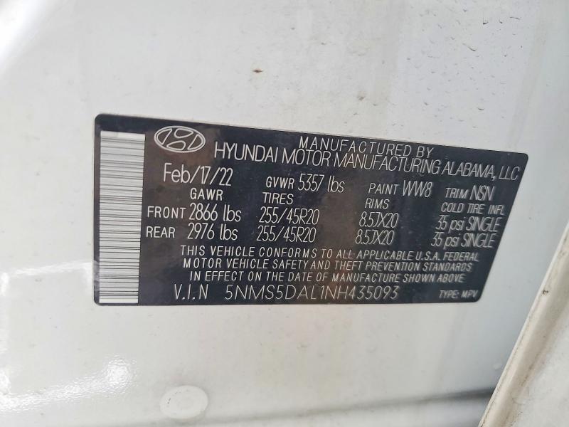 2022 Hyundai Santa Fe მანქანა იყიდება აუქციონზე, vin: 5NMS5DAL1NH435093, აუქციონის ნომერი: 51951876