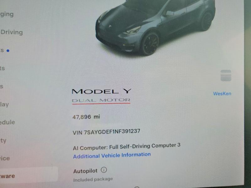 2022 Tesla Model Y მანქანა იყიდება აუქციონზე, vin: 7SAYGDEF1NF391237, აუქციონის ნომერი: 51437596