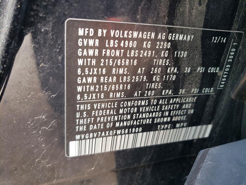 2015 Volkswagen Tiguan მანქანა იყიდება აუქციონზე, vin: WVGBV7AX0FW561900, აუქციონის ნომერი: 51259036
