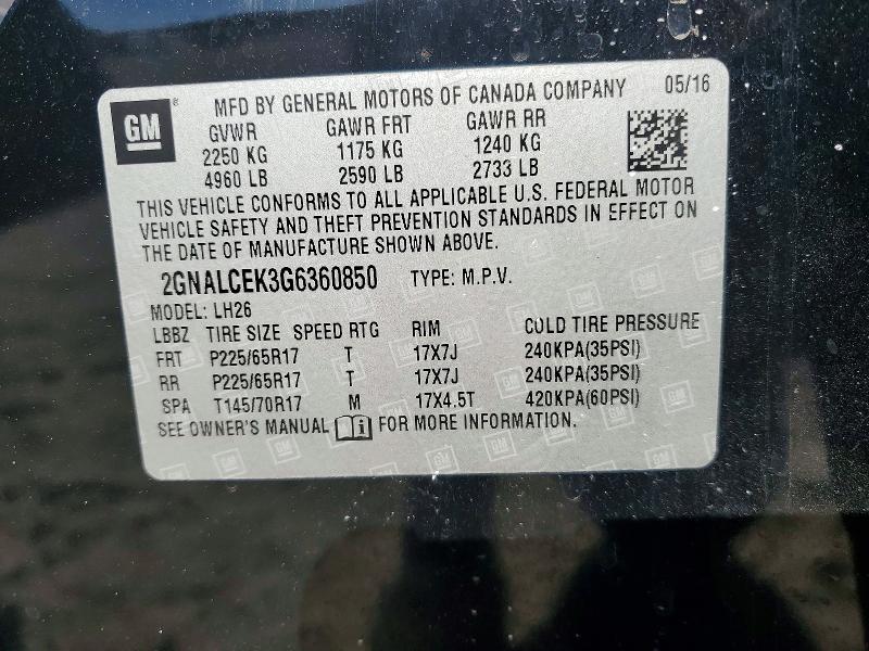 Продаж на аукціоні авто 2016 Chevrolet Equinox, vin: 2GNALCEK3G6360850, номер лоту: 51121866