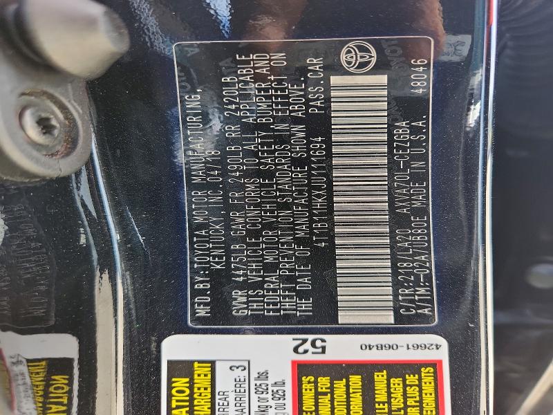 Продажа на аукционе авто 2018 Toyota Camry, vin: 4T1B11HKXJU111694, номер лота: 51433486