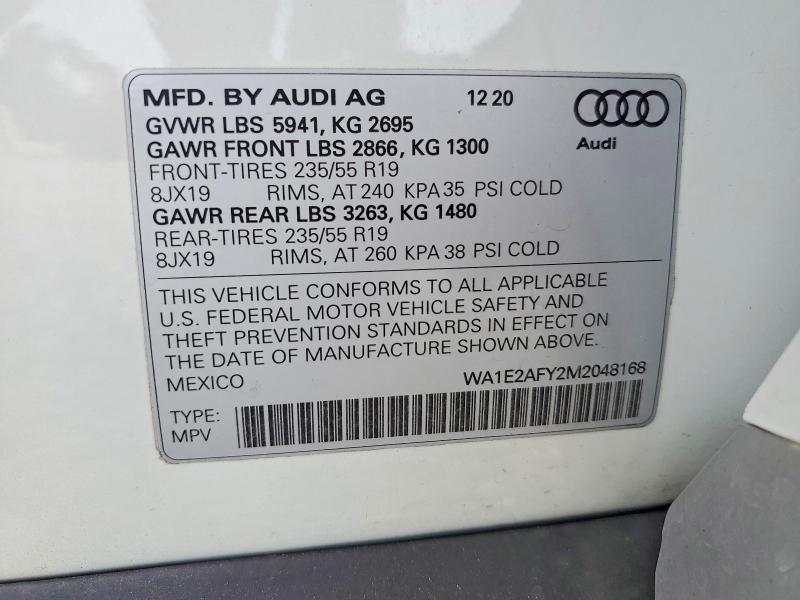 2021 Audi Q5 E მანქანა იყიდება აუქციონზე, vin: WA1E2AFY2M2048168, აუქციონის ნომერი: 49960446