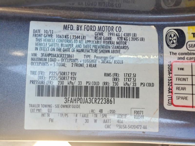 Aukcja sprzedaży 2012 Ford Fusion, vin: 3FAHP0JA3CR223861, numer aukcji: 50250506