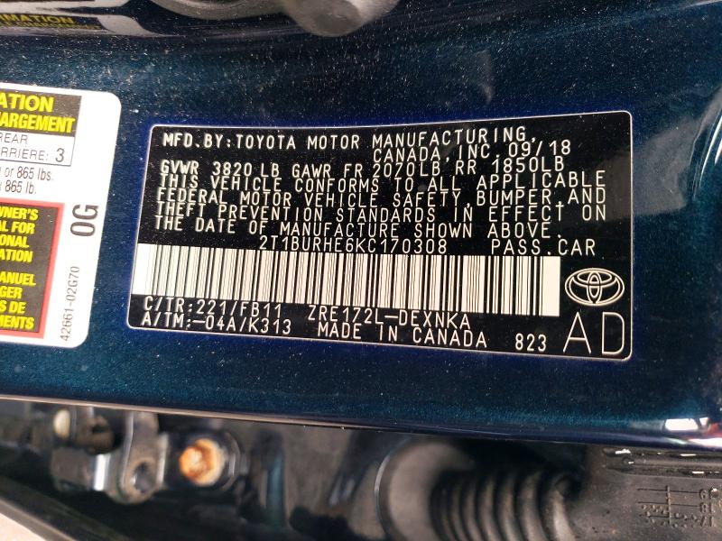 2019 Toyota Corolla მანქანა იყიდება აუქციონზე, vin: 2T1BURHE6KC170308, აუქციონის ნომერი: 51661956
