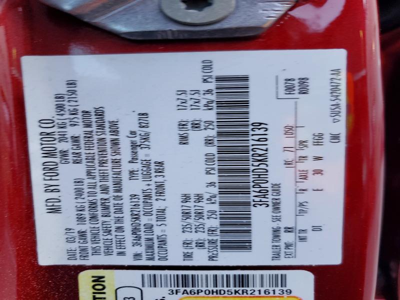 Продажа на аукционе авто 2019 Ford Fusion, vin: 3FA6P0HD5KR216139, номер лота: 50948686