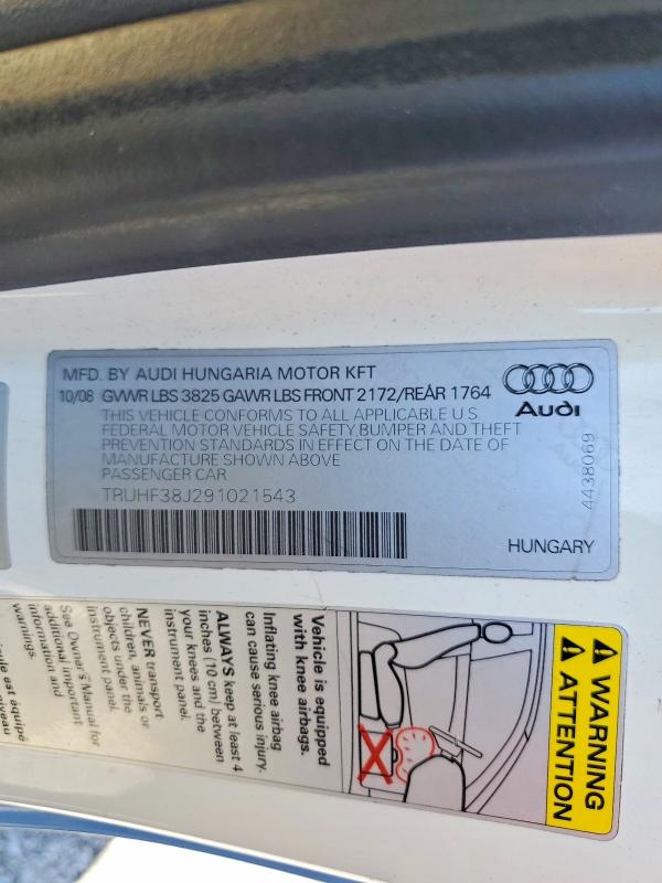 Auction sale of the 2009 Audi Tt, vin: TRUHF38J291021543, lot number: 49784376
