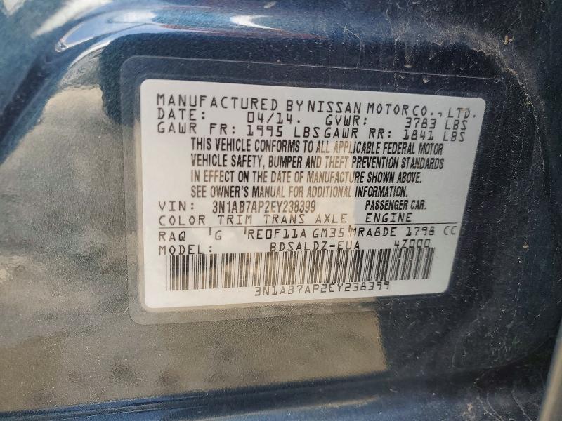 49820986 :رقم المزاد ، 3N1AB7AP2EY238399 vin ، 2014 Nissan Sentra مزاد بيع