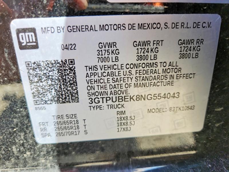 Aukcja sprzedaży 2022 Gmc Sierra, vin: 3GTPUBEK8NG554043, numer aukcji: 49985476
