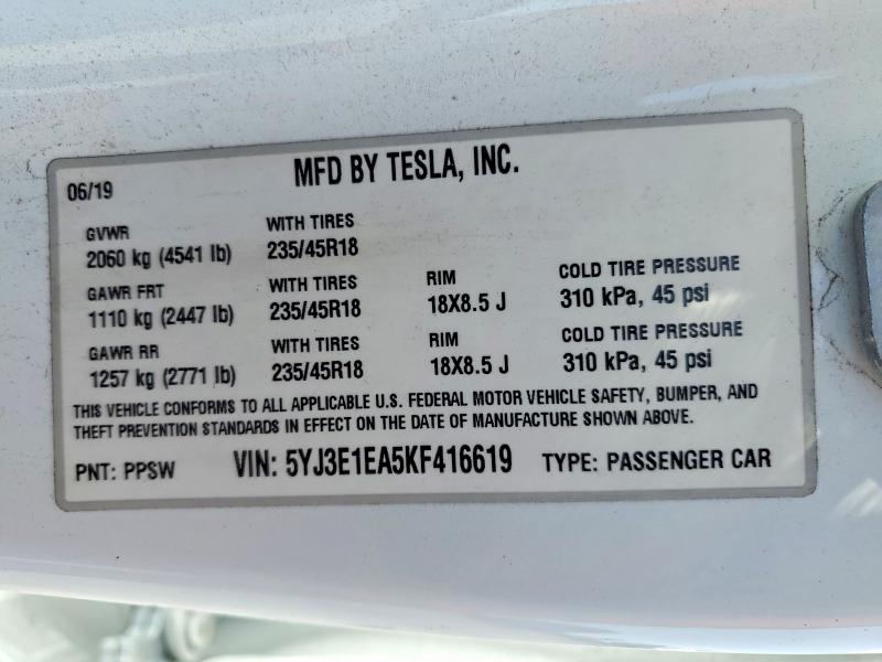 2019 Tesla Model 3 მანქანა იყიდება აუქციონზე, vin: 5YJ3E1EA5KF416619, აუქციონის ნომერი: 51382066