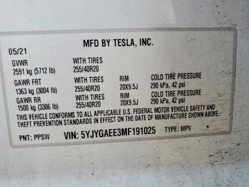 Продажа на аукционе авто 2021 Tesla Model Y, vin: 5YJYGAEE3MF191025, номер лота: 49763176