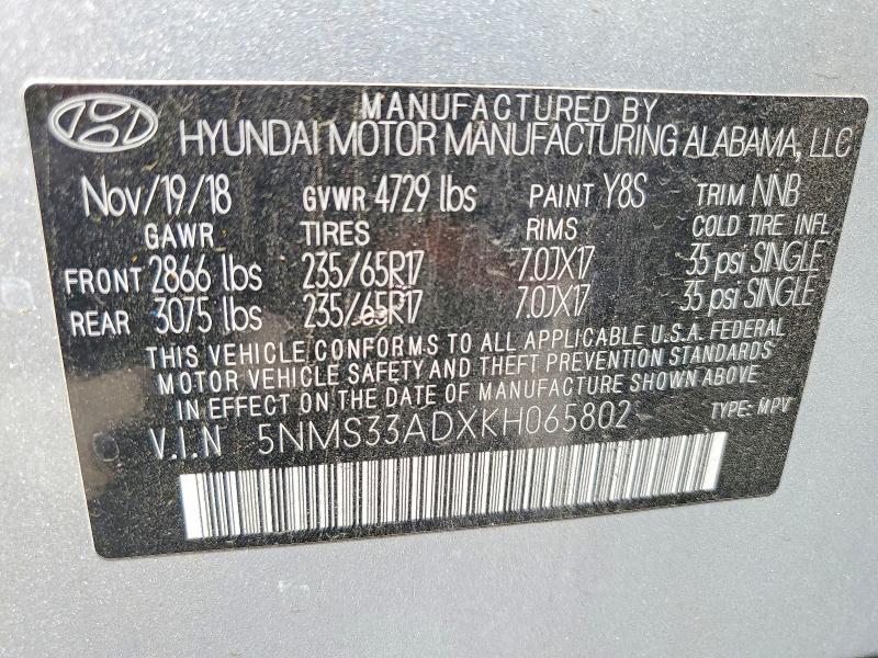 Aukcja sprzedaży 2019 Hyundai Santa Fe, vin: 5NMS33ADXKH065802, numer aukcji: 49254646