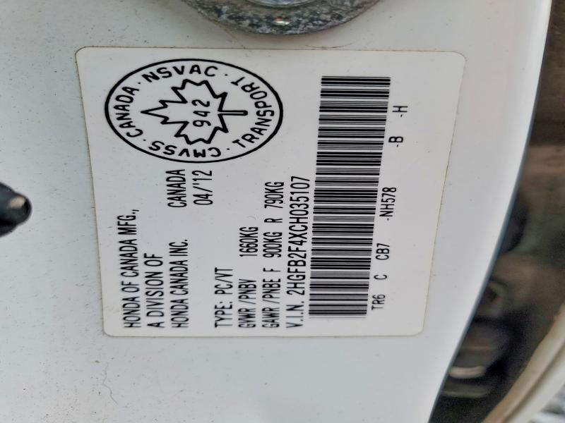 Aukcja sprzedaży 2012 Honda Civic, vin: 2HGFB2F4XCH035107, numer aukcji: 50292436
