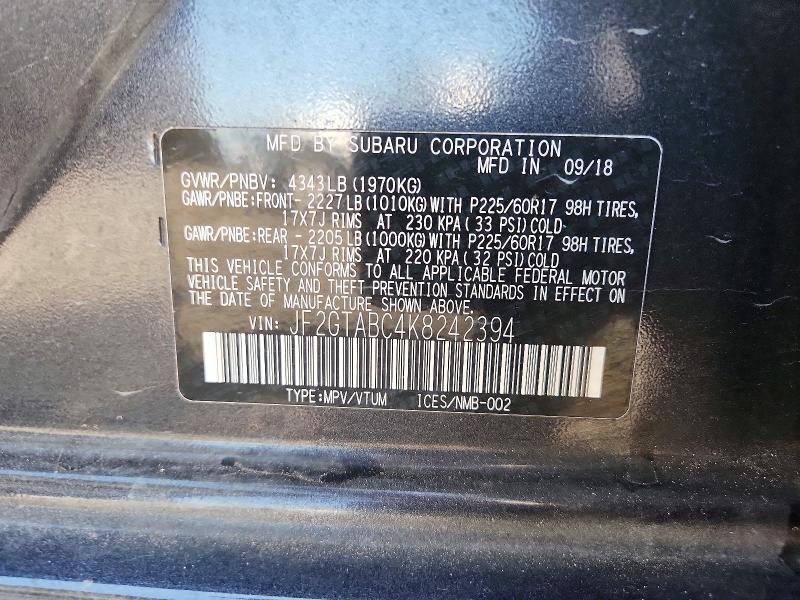 2019 Subaru Crosstrek მანქანა იყიდება აუქციონზე, vin: JF2GTABC4K8242394, აუქციონის ნომერი: 49149236