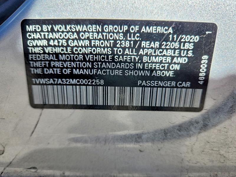 Aukcja sprzedaży 2021 Volkswagen Passat, vin: 1VWSA7A32MC002258, numer aukcji: 50954416