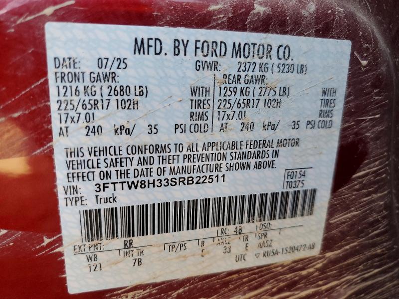2025 Ford Maverick მანქანა იყიდება აუქციონზე, vin: 3FTTW8H33SRB22511, აუქციონის ნომერი: 51025766