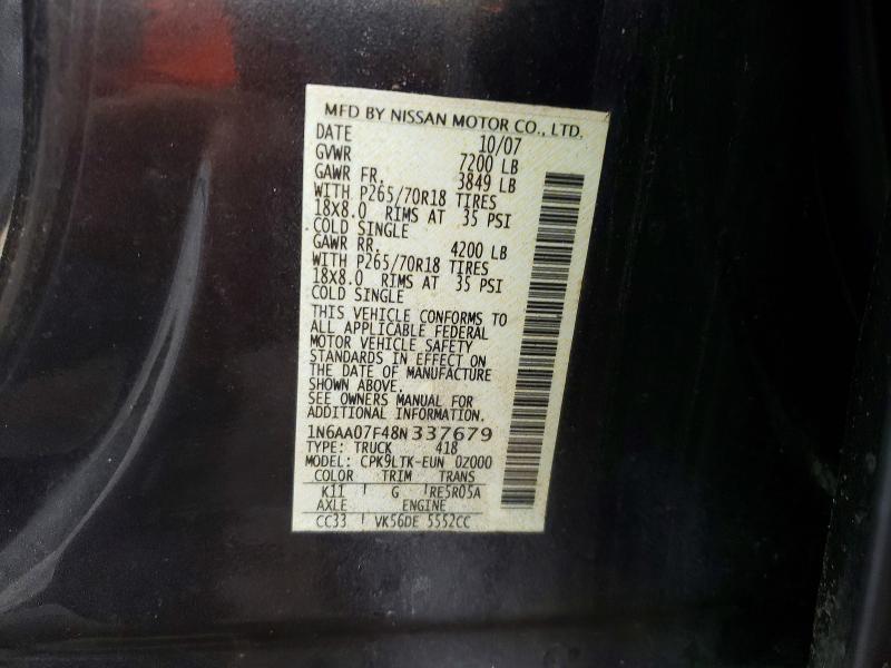 51949076 :رقم المزاد ، 1N6AA07F48N337679 vin ، 2008 Nissan Titan مزاد بيع