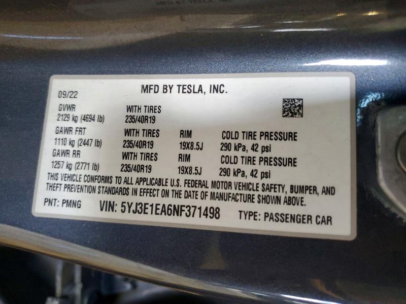 Aukcja sprzedaży 2022 Tesla Model 3, vin: 5YJ3E1EA6NF371498, numer aukcji: 50973166