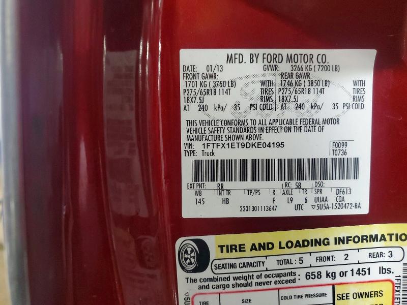 2013 Ford F150 მანქანა იყიდება აუქციონზე, vin: 1FTFX1ET9DKE04195, აუქციონის ნომერი: 48360156