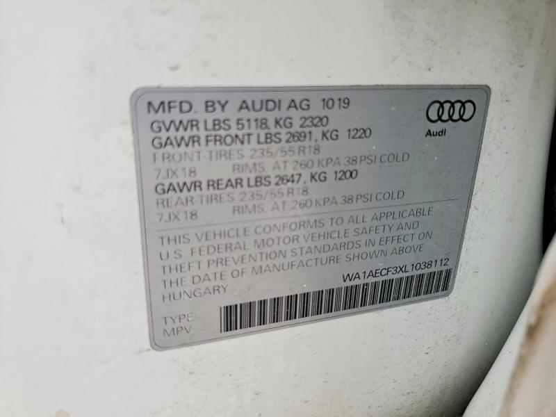 2020 Audi Q3 მანქანა იყიდება აუქციონზე, vin: WA1AECF3XL1038112, აუქციონის ნომერი: 49386426