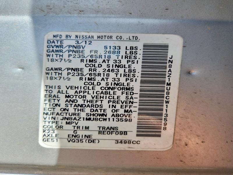 Aukcja sprzedaży 2012 Nissan Murano, vin: JN8AZ1MU8CW113598, numer aukcji: 48585816