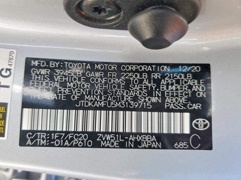 Aukcja sprzedaży 2021 Toyota Prius, vin: JTDKAMFU5M3139715, numer aukcji: 48451656