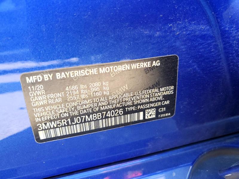 Aukcja sprzedaży 2021 Bmw 330i, vin: 3MW5R1J07M8B74026, numer aukcji: 50065256
