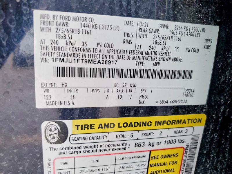 2021 Ford Expedition მანქანა იყიდება აუქციონზე, vin: 1FMJU1FT9MEA28917, აუქციონის ნომერი: 49738886