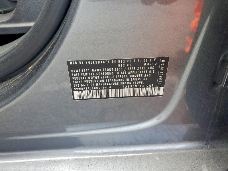 2013 Volkswagen Jetta მანქანა იყიდება აუქციონზე, vin: 3VWDP7AJ6DM216416, აუქციონის ნომერი: 49186316