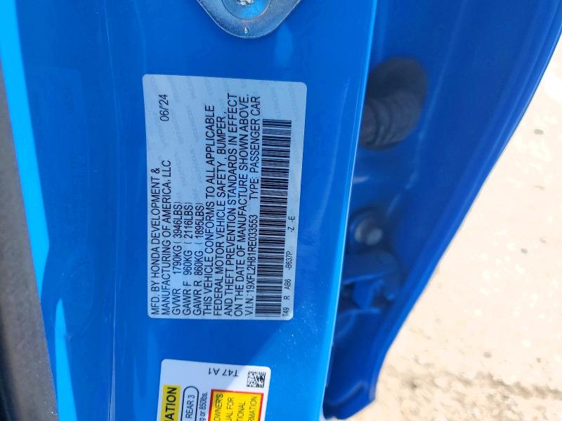 Продажа на аукционе авто 2024 Honda Civic, vin: 19XFL2H81RE033553, номер лота: 51040196