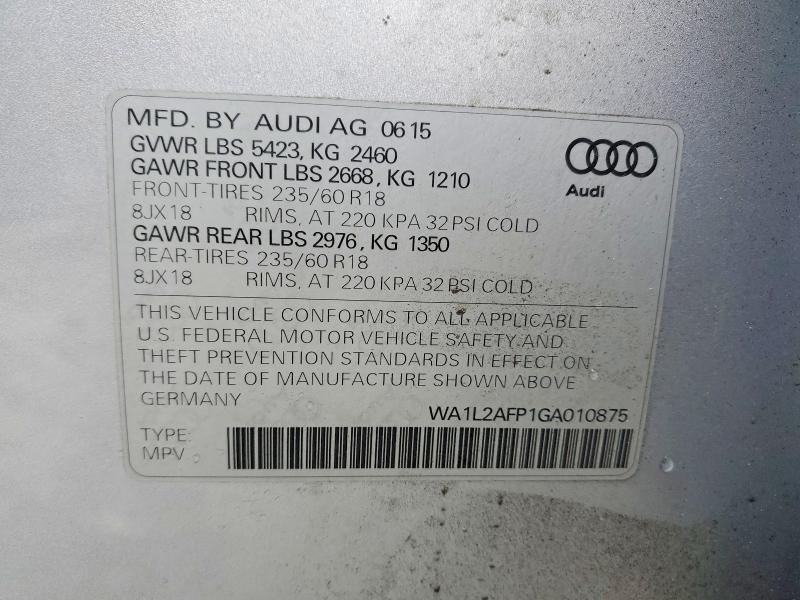 Aukcja sprzedaży 2016 Audi Q5, vin: WA1L2AFP1GA010875, numer aukcji: 48505776