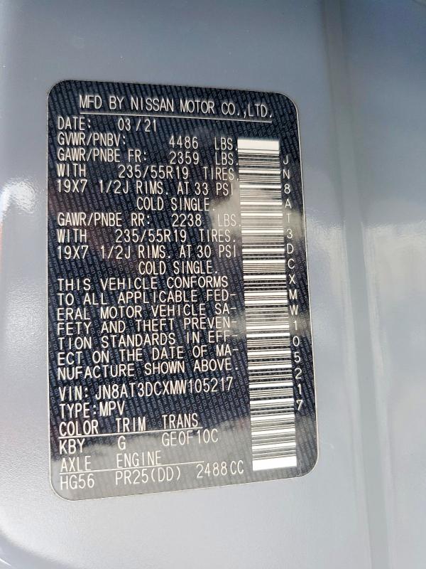 2021 Nissan Rogue მანქანა იყიდება აუქციონზე, vin: JN8AT3DCXMW105217, აუქციონის ნომერი: 50857456