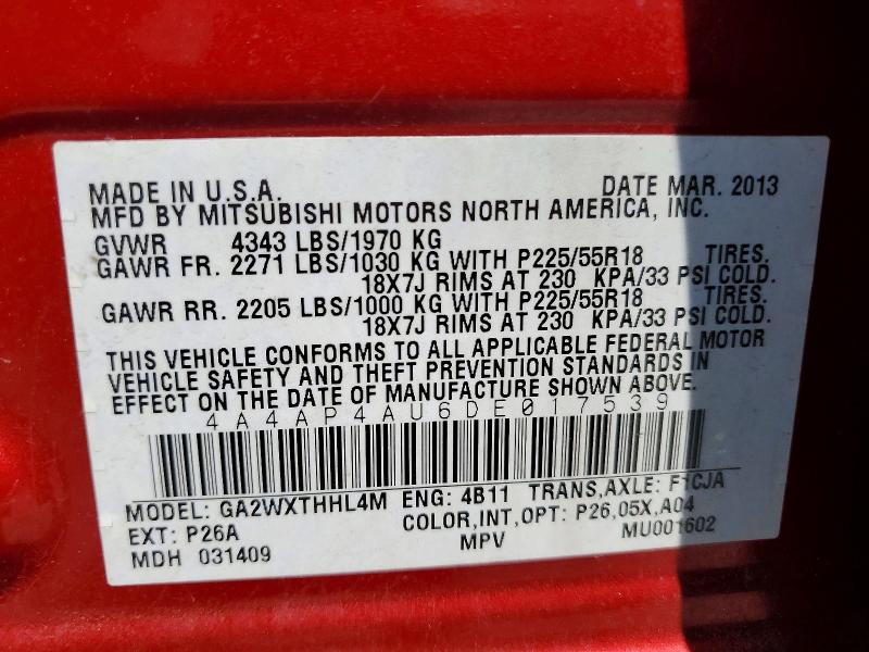 Aukcja sprzedaży 2013 Mitsubishi Outlander Sport, vin: 4A4AP4AU6DE017539, numer aukcji: 51713816