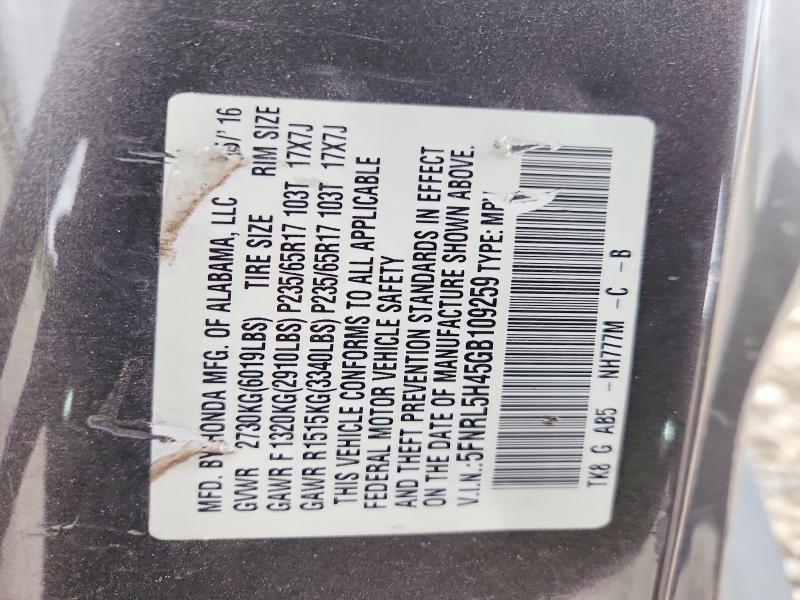 Aukcja sprzedaży 2016 Honda Odyssey, vin: 5FNRL5H45GB109259, numer aukcji: 50955086