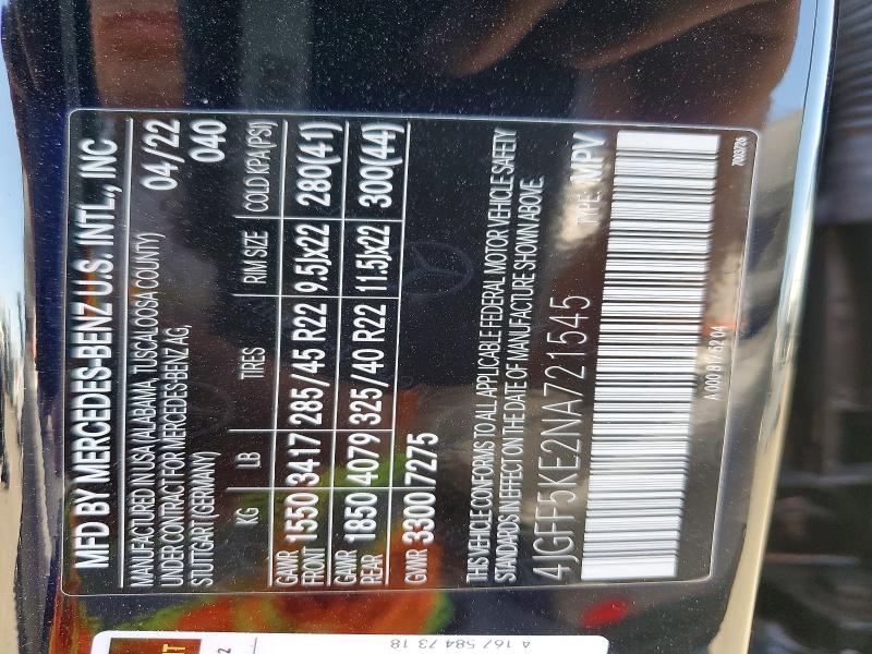 51091976 :رقم المزاد ، 4JGFF5KE2NA721545 vin ، 2022 Mercedes-benz Gls مزاد بيع
