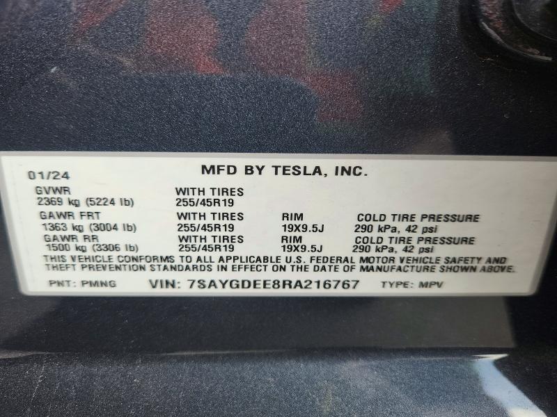 2024 Tesla Model Y მანქანა იყიდება აუქციონზე, vin: 7SAYGDEE8RA216767, აუქციონის ნომერი: 49948916