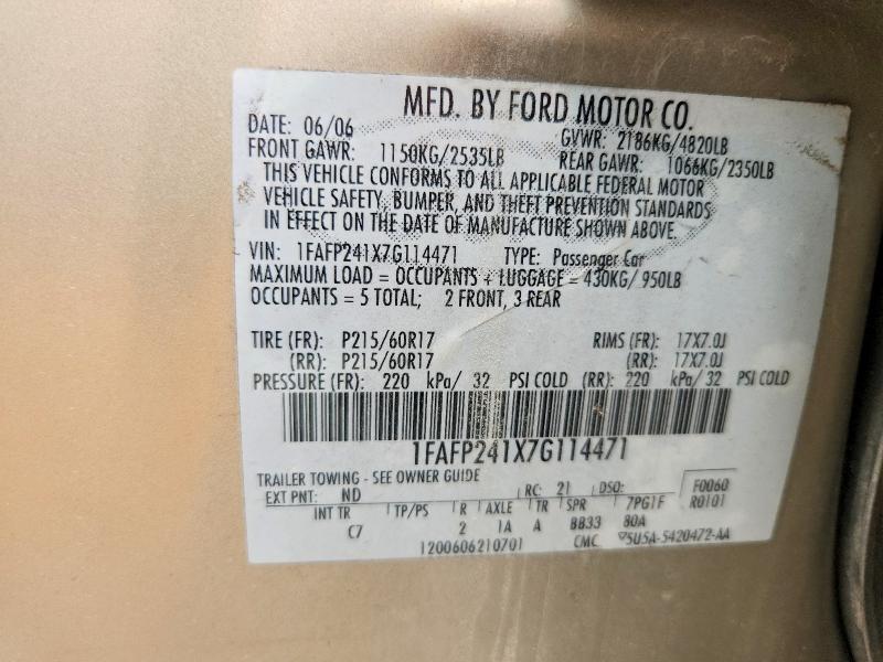 2007 Ford Five Hundred მანქანა იყიდება აუქციონზე, vin: 1FAFP241X7G114471, აუქციონის ნომერი: 49433976
