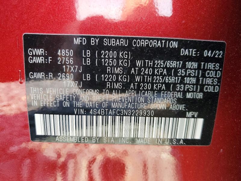 Продаж на аукціоні авто 2022 Subaru Outback, vin: 4S4BTAFC3N3229930, номер лоту: 49214766