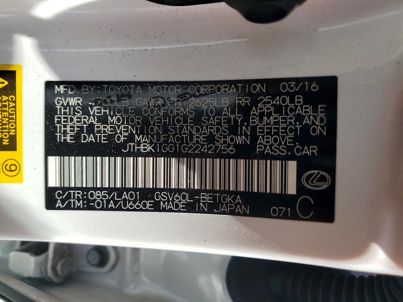 Aukcja sprzedaży 2016 Lexus Es, vin: JTHBK1GG1G2242756, numer aukcji: 51152056