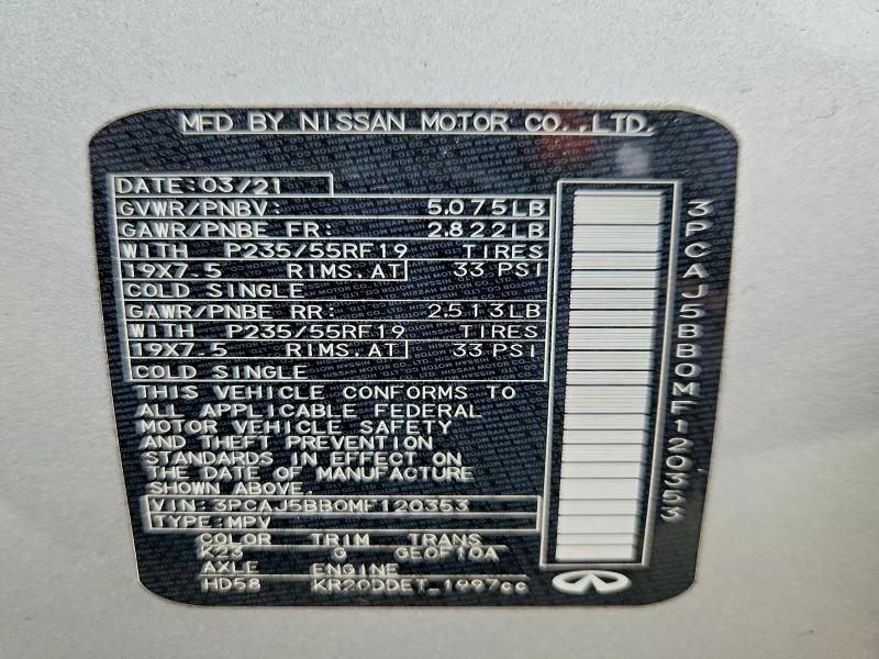47801036 :رقم المزاد ، 3PCAJ5BB0MF120353 vin ، 2021 Infiniti Qx50 مزاد بيع