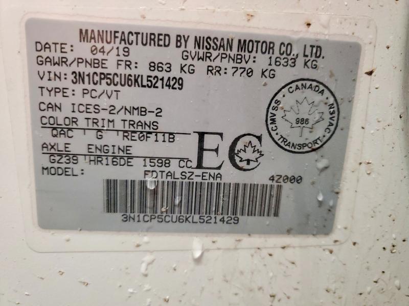 48736956 :رقم المزاد ، 3N1CP5CU6KL521429 vin ، 2019 Nissan Kicks مزاد بيع