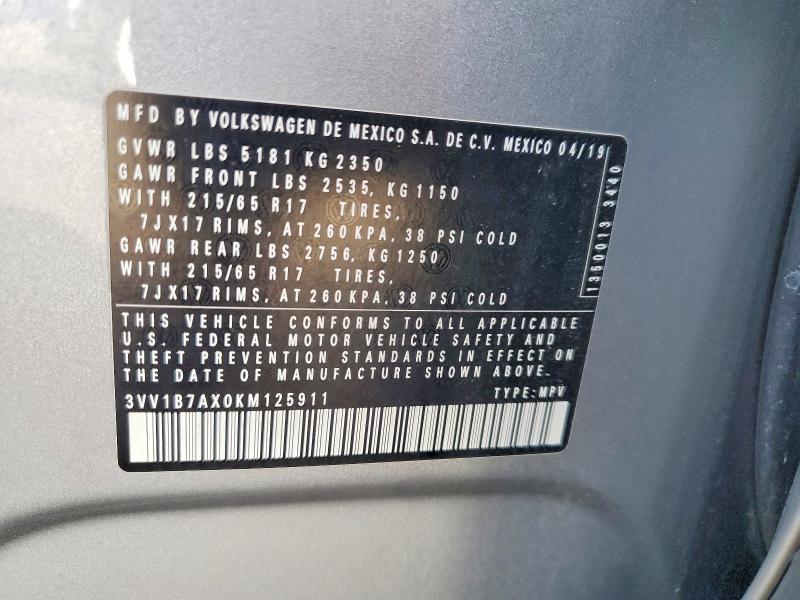 52065736 :رقم المزاد ، 3VV1B7AX0KM125911 vin ، 2019 Volkswagen Tiguan مزاد بيع