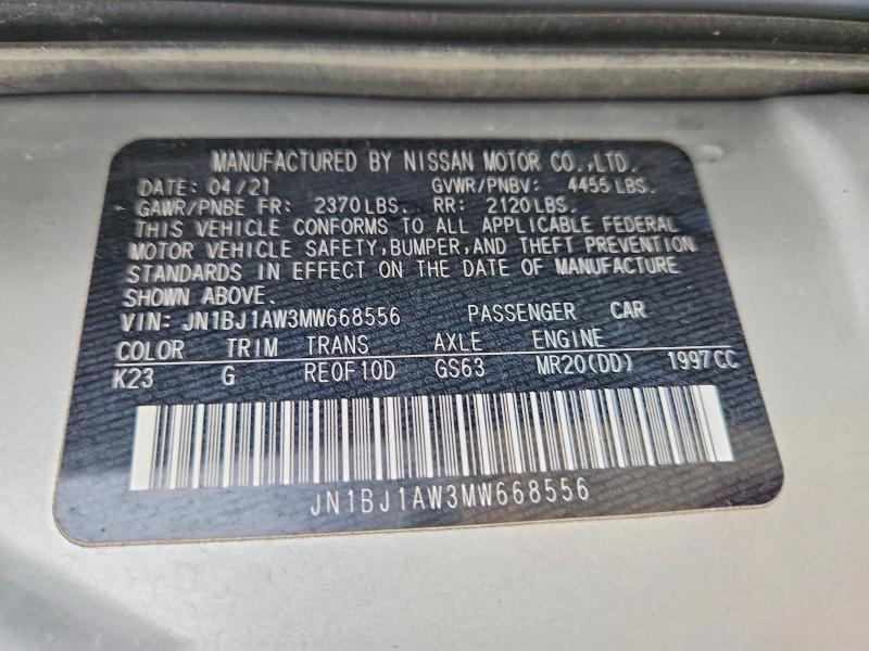 48668726 :رقم المزاد ، JN1BJ1AW3MW668556 vin ، 2021 Nissan Rogue Sport مزاد بيع