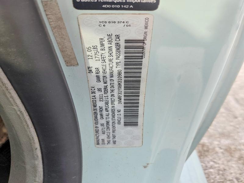 2006 Volkswagen New Beetle მანქანა იყიდება აუქციონზე, vin: 3VWRF31YX6M310980, აუქციონის ნომერი: 50347936