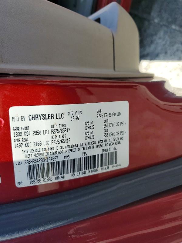 2008 Chrysler Town & Country მანქანა იყიდება აუქციონზე, vin: 2A8HR54P98R134867, აუქციონის ნომერი: 49012596