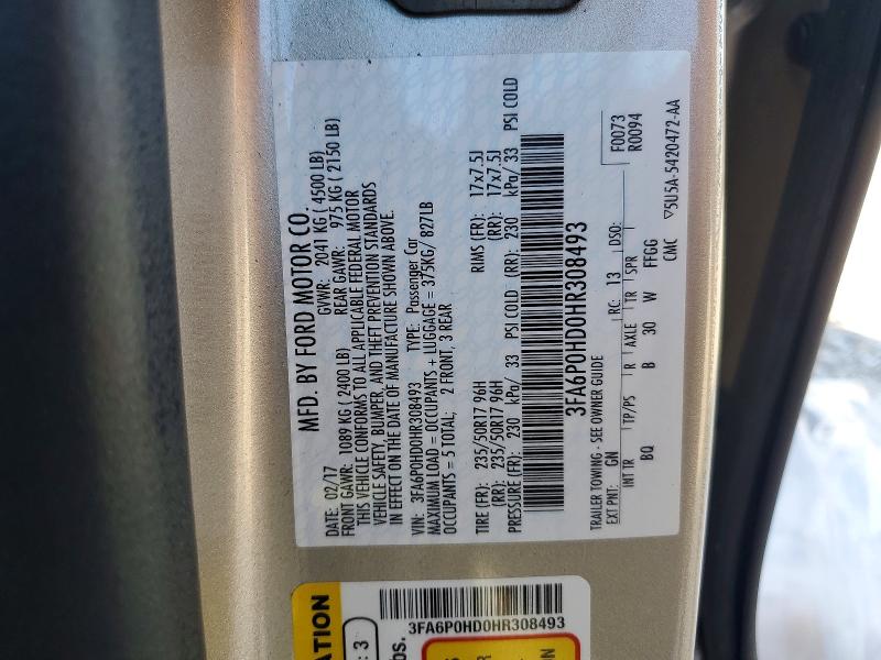 2017 Ford Fusion მანქანა იყიდება აუქციონზე, vin: 3FA6P0HD0HR308493, აუქციონის ნომერი: 50092286