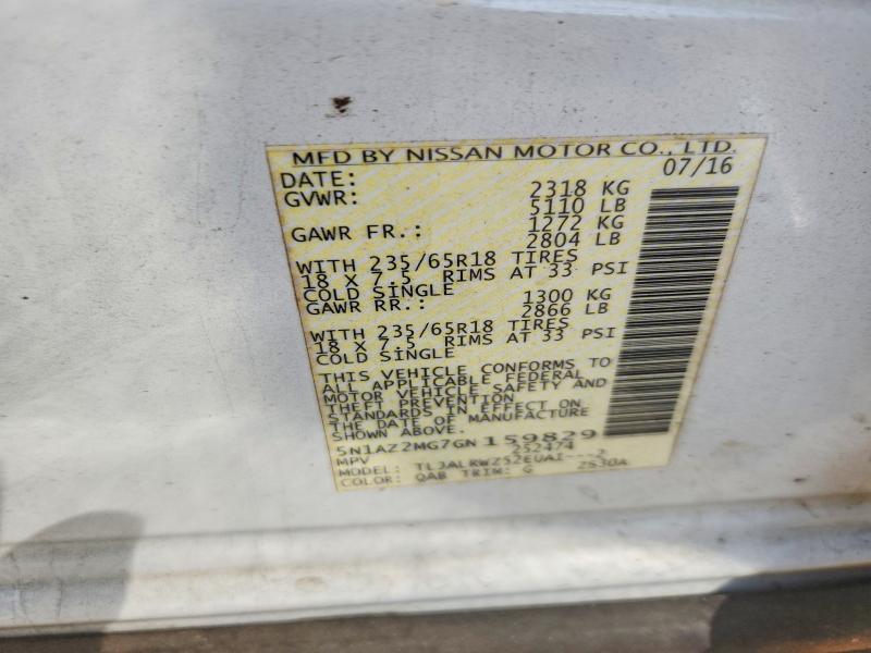 51490736 :رقم المزاد ، 5N1AZ2MG7GN159829 vin ، 2016 Nissan Murano مزاد بيع