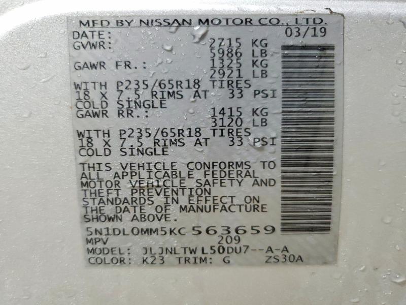 48198236 :رقم المزاد ، 5N1DL0MM5KC563659 vin ، 2019 Infiniti Qx60 مزاد بيع